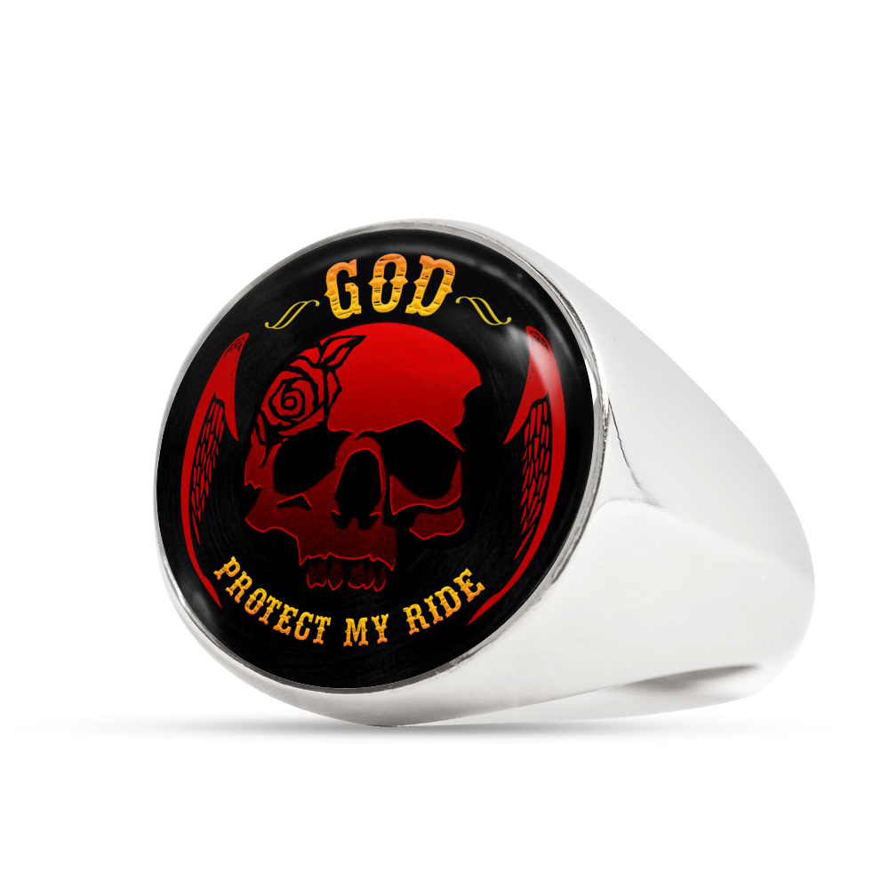 "GOD PROTECT MY RIDE" SIGNET RING