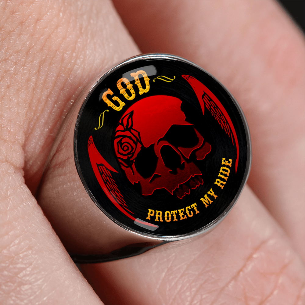 "GOD PROTECT MY RIDE" SIGNET RING