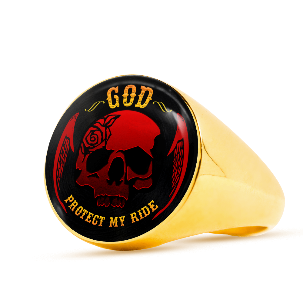 "GOD PROTECT MY RIDE" SIGNET RING