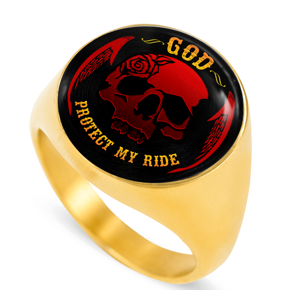 "GOD PROTECT MY RIDE" SIGNET RING