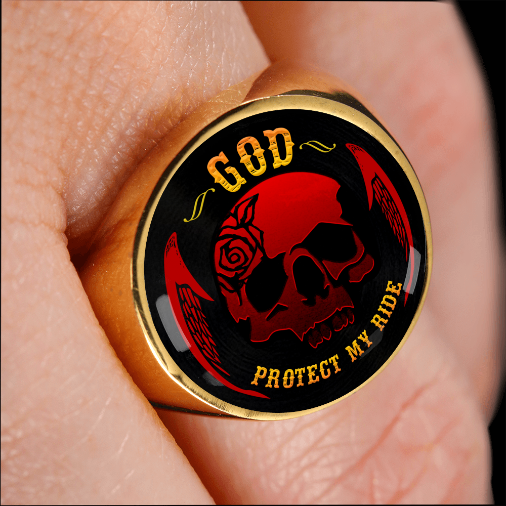 "GOD PROTECT MY RIDE" SIGNET RING